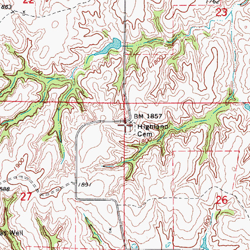 Topographic Map of Highland Cemetery, OK