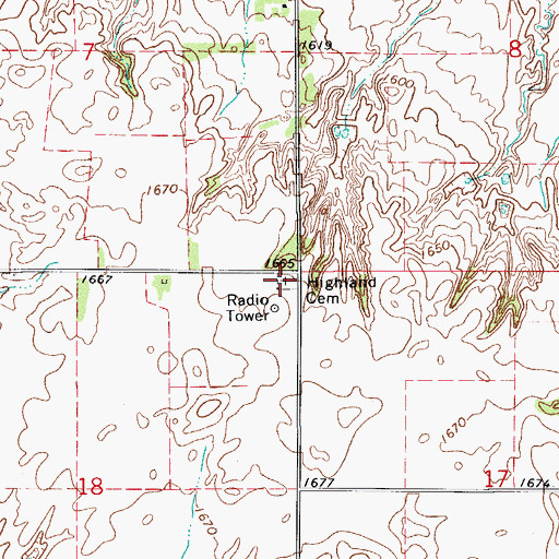 Topographic Map of Highland Cemetery, OK