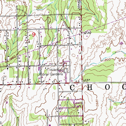 Topographic Map of Hillcrest Memory Gardens, OK