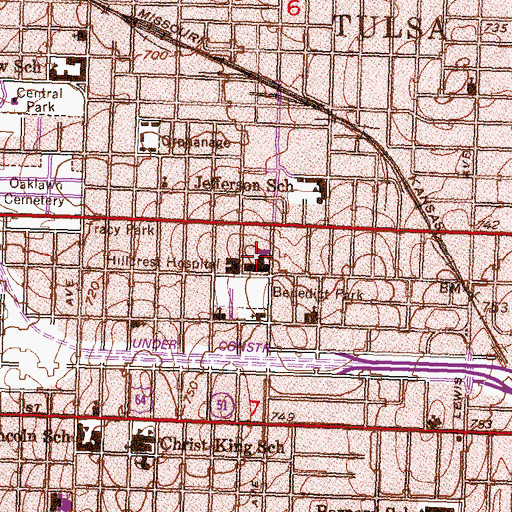 Topographic Map of Hillcrest Medical Center, OK