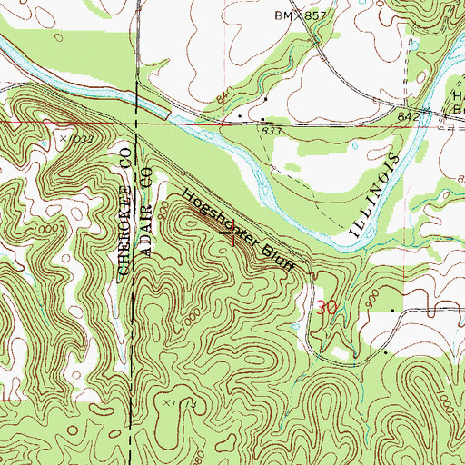 Topographic Map of Hogshooter Bluff, OK