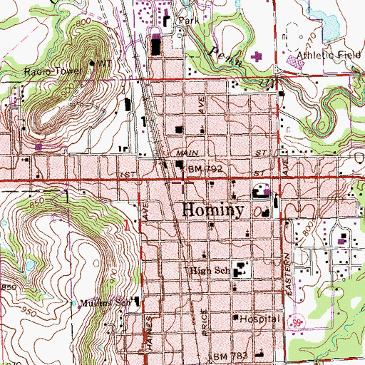 Topographic Map of Hominy, OK