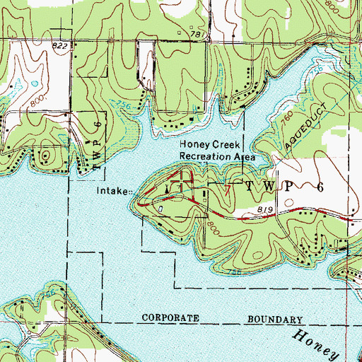 Topographic Map of Honey Creek Recreation Area, OK