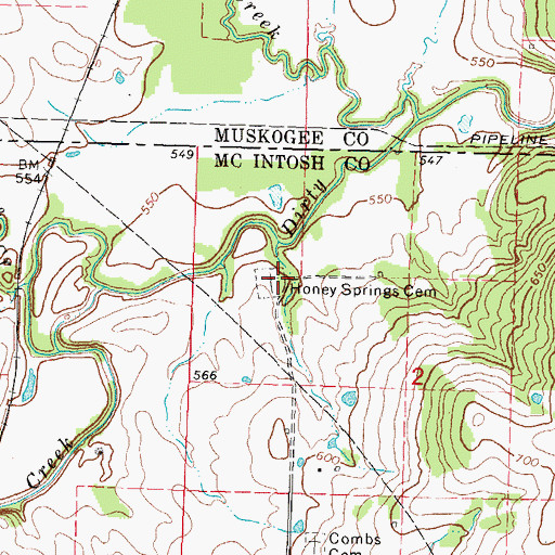Topographic Map of Honey Springs Cemetery, OK