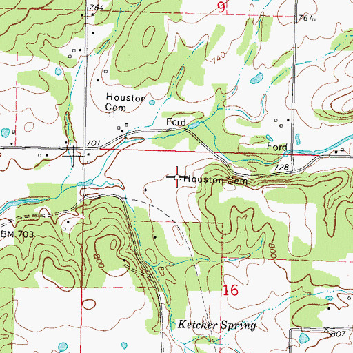 Topographic Map of Houston Cemetery, OK