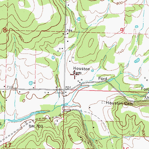 Topographic Map of Houston Cemetery, OK