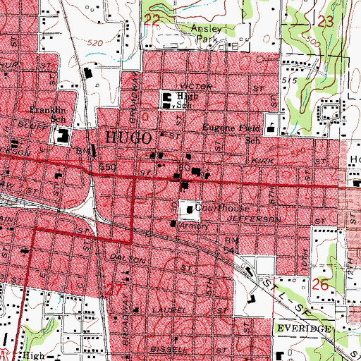 Topographic Map of Hugo, OK