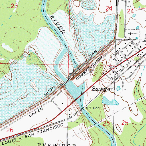Topographic Map of Hugo Dam, OK