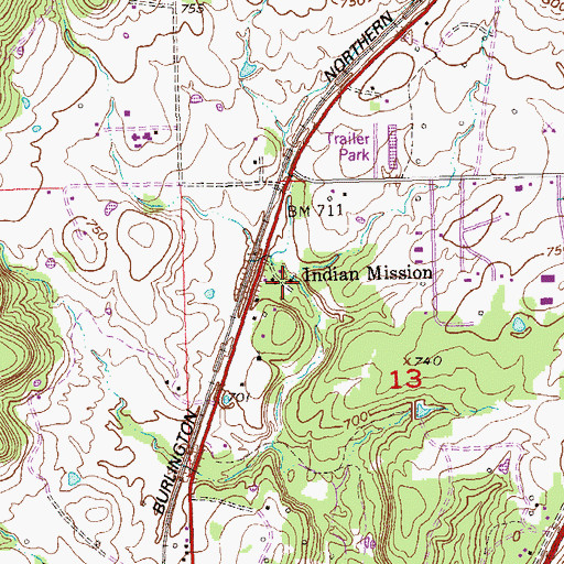 Topographic Map of Indian Mission, OK