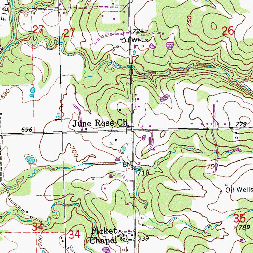 Topographic Map of June Rose Church, OK