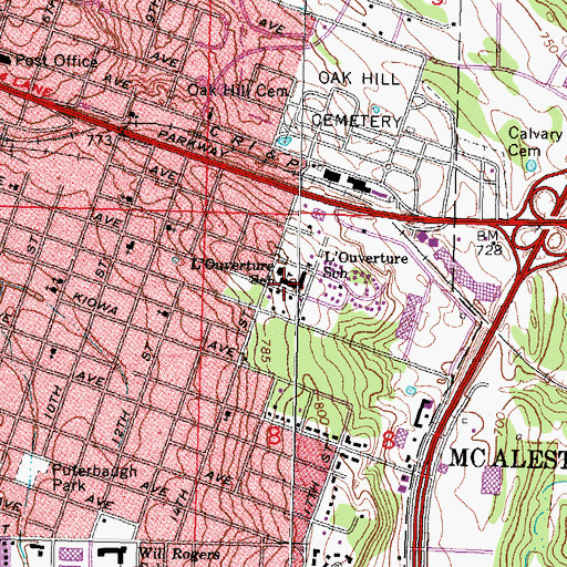 Topographic Map of L'Ouverture School, OK