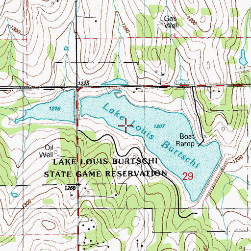 Topographic Map of Lake Louis Burtschi State Game Reservation, OK
