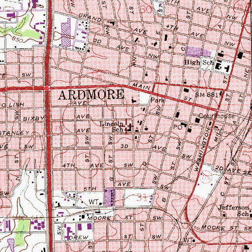 Topographic Map of Lincoln Elementary School, OK