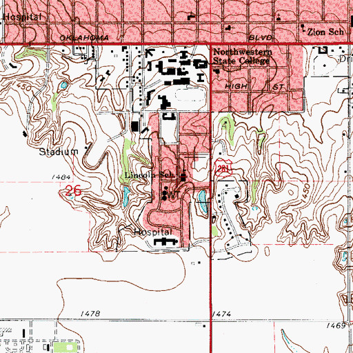 Topographic Map of Lincoln Elementary School, OK