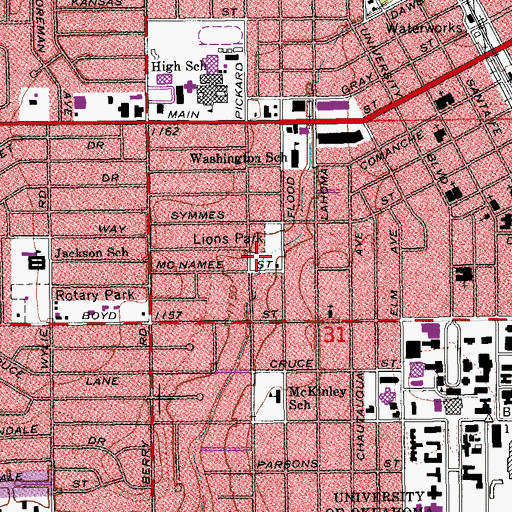 Topographic Map of Lions Park, OK