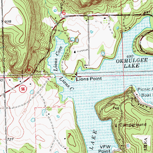 Topographic Map of Lions Point, OK