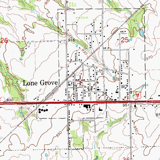 Topographic Map of Lone Grove, OK