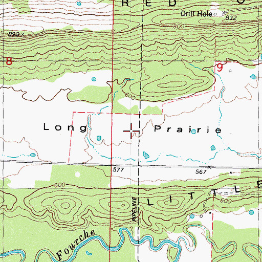 Topographic Map of Long Prairie, OK