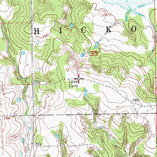 Topographic Map of Love Cemetery, OK