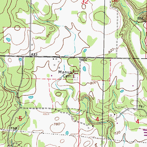 Topographic Map of Manus Cemetery, OK