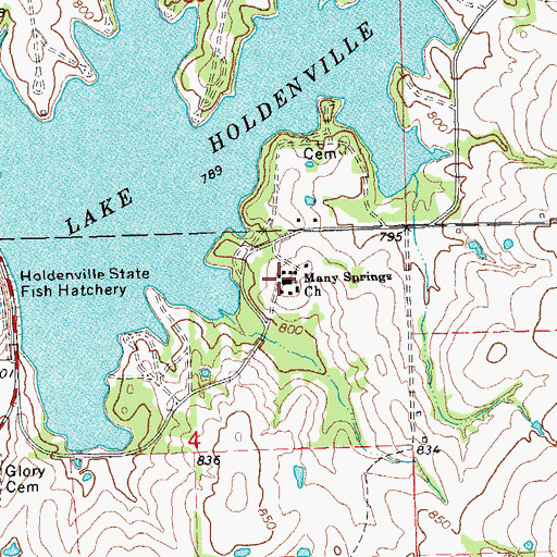 Topographic Map of Many Springs Church, OK