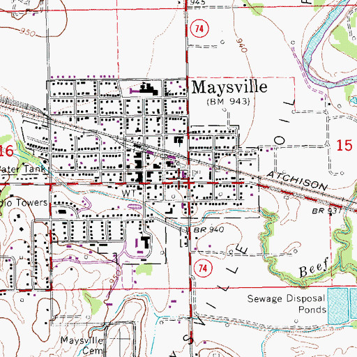 Topographic Map of Maysville, OK