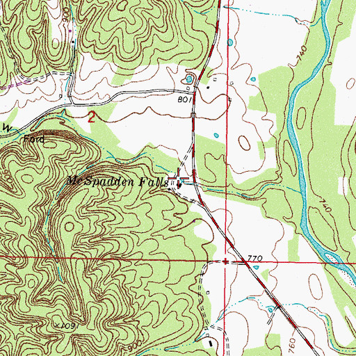 Topographic Map of McSpadden Falls, OK