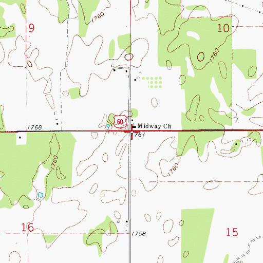 Topographic Map of Midway Church, OK