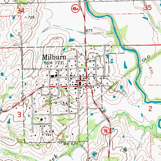 Topographic Map of Milburn, OK