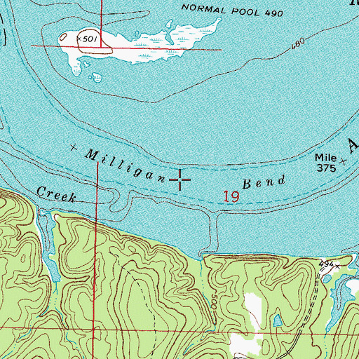 Topographic Map of Milligan Bend, OK