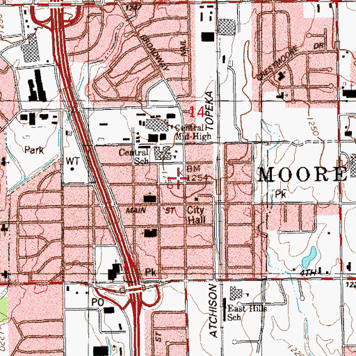 Topographic Map of Moore, OK