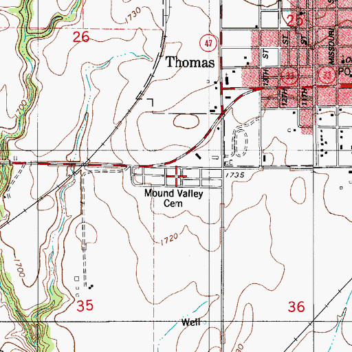 Topographic Map of Mound Valley Cemetery, OK