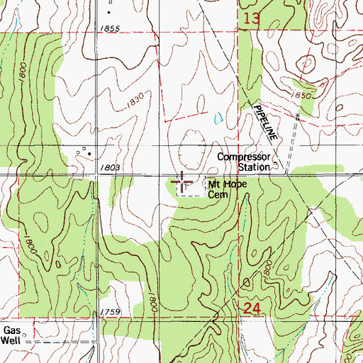Topographic Map of Mount Hope Cemetery, OK