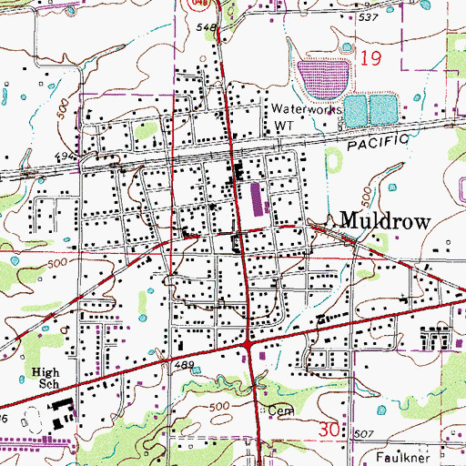 Topographic Map of Muldrow, OK