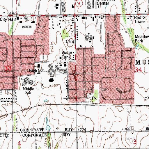 Topographic Map of Mustang, OK