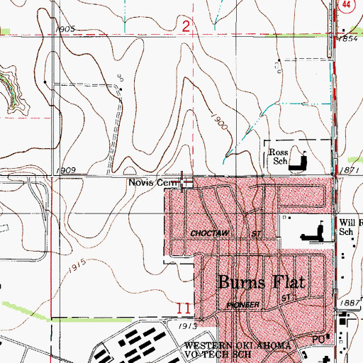 Topographic Map of Novis Cemetery, OK