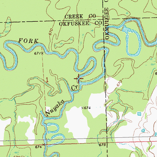Topographic Map of Nuyaka Creek, OK