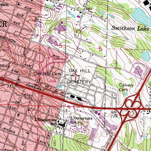 Topographic Map of Oak Hill Cemetery, OK