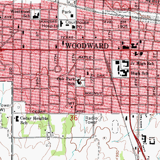 Topographic Map of Oak Park School, OK