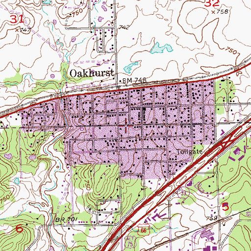 Topographic Map of Oakhurst, OK