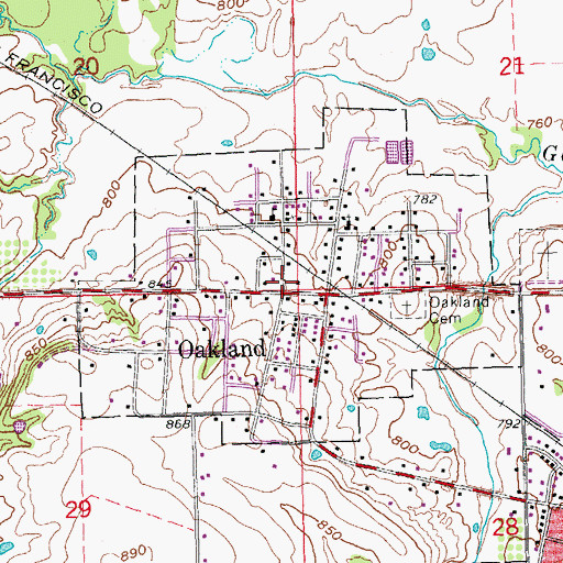 Topographic Map of Oakland, OK
