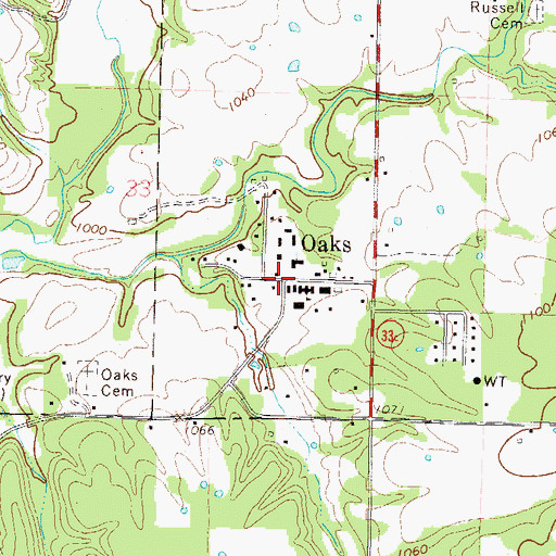 Topographic Map of Oaks, OK