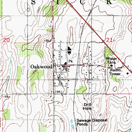 Topographic Map of Oakwood, OK