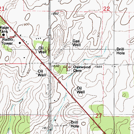 Topographic Map of Oakwood Cemetery, OK