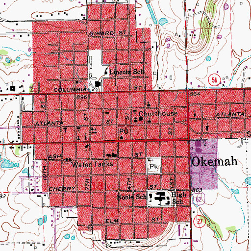 Topographic Map of Okemah, OK