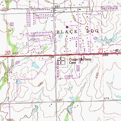 Topographic Map of Osage Gardens Cemetery, OK