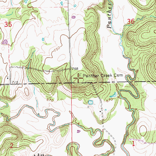 Topographic Map of Panther Creek Cemetery, OK
