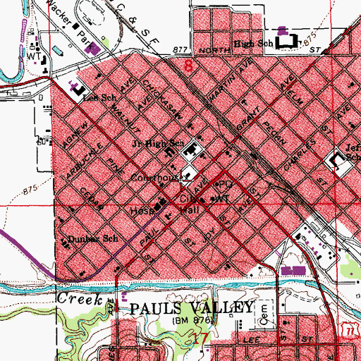 Topographic Map of Pauls Valley, OK