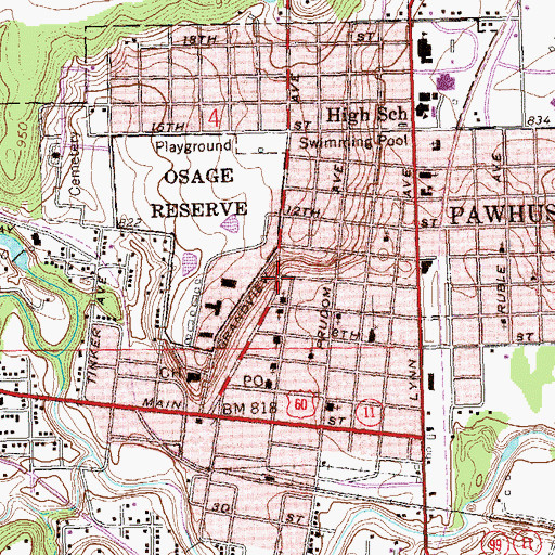 Topographic Map of Pawhuska, OK