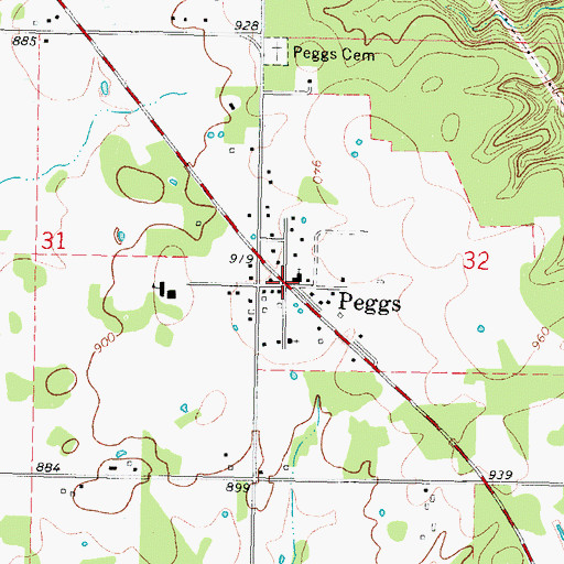Topographic Map of Peggs, OK